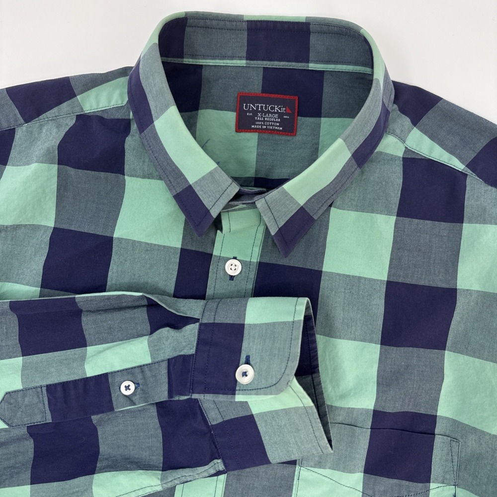 UNTUCKit Mens XL Tall Regular Buffalo Check Button Down Shirt Green Navy Blue